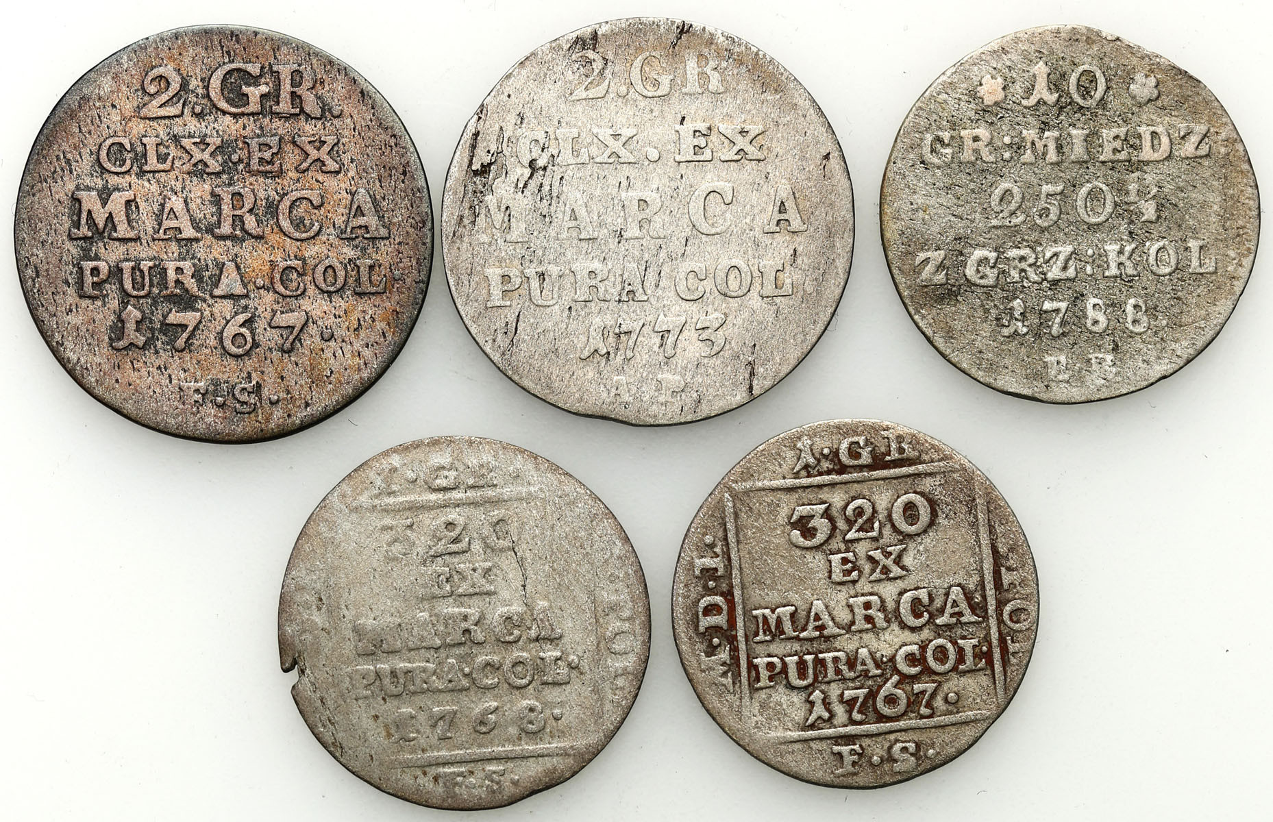 Stanisław August Poniatowski. Grosz 1767 i 1768, 2 grosze 1767 i 1773, 10 groszy 1788, Warszawa, zestaw 5 monet